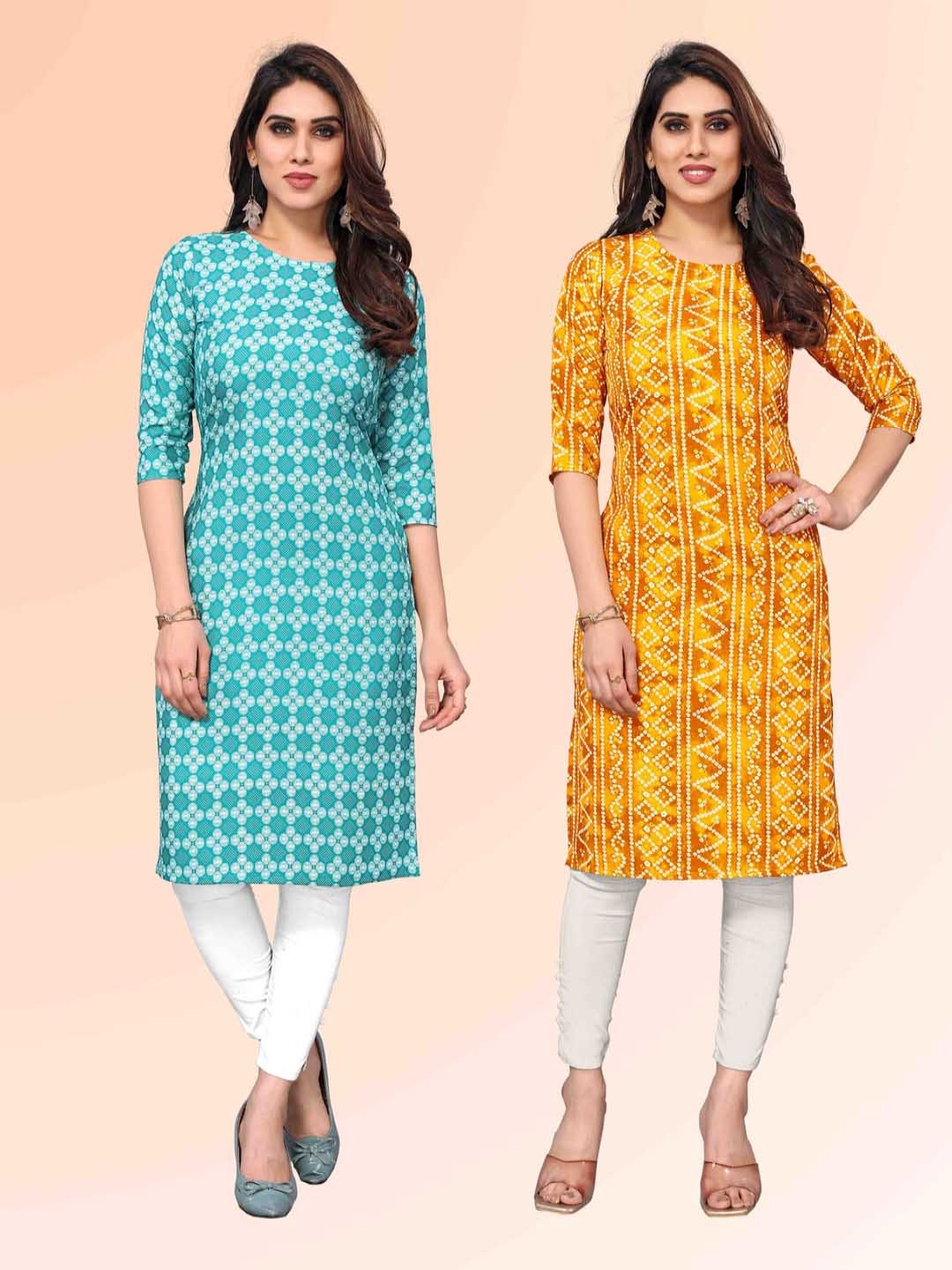 

KETAKI FASHION Selection Of 2 Geometric Printed Round Neck Straight Kurtas, Blue