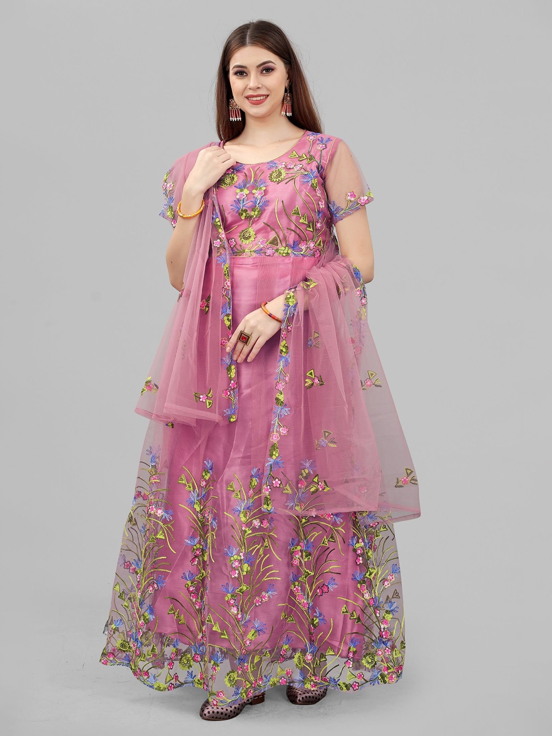 

A TO Z CART Floral Embroidered Net Fit & Flare Ethnic Dress, Peach