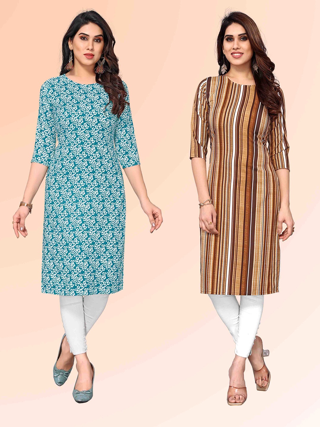 

KETAKI FASHION Selection Of 2 Floral Printed Round Neck Straight Kurtas, Blue