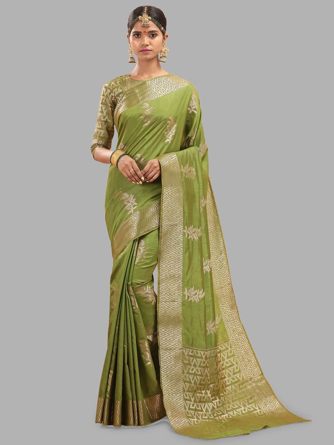 

Krimmple Woven Design Pure Silk Banarasi Saree, Olive