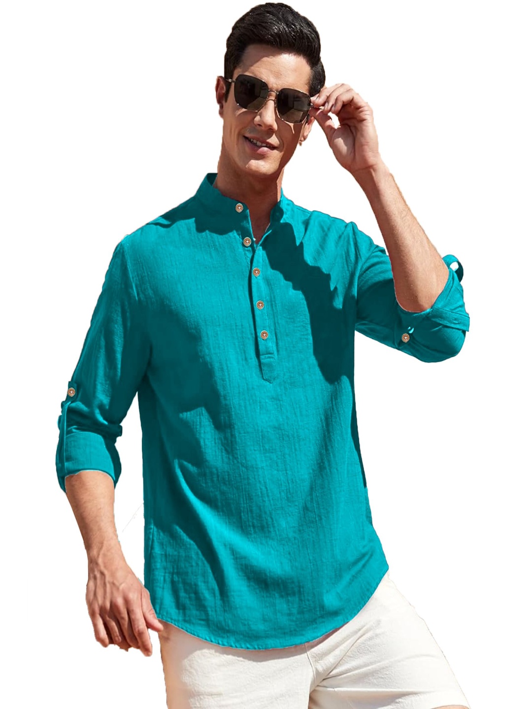 

EdinWolf Mandarin Collar Pure Cotton Straight Kurta, Turquoise blue