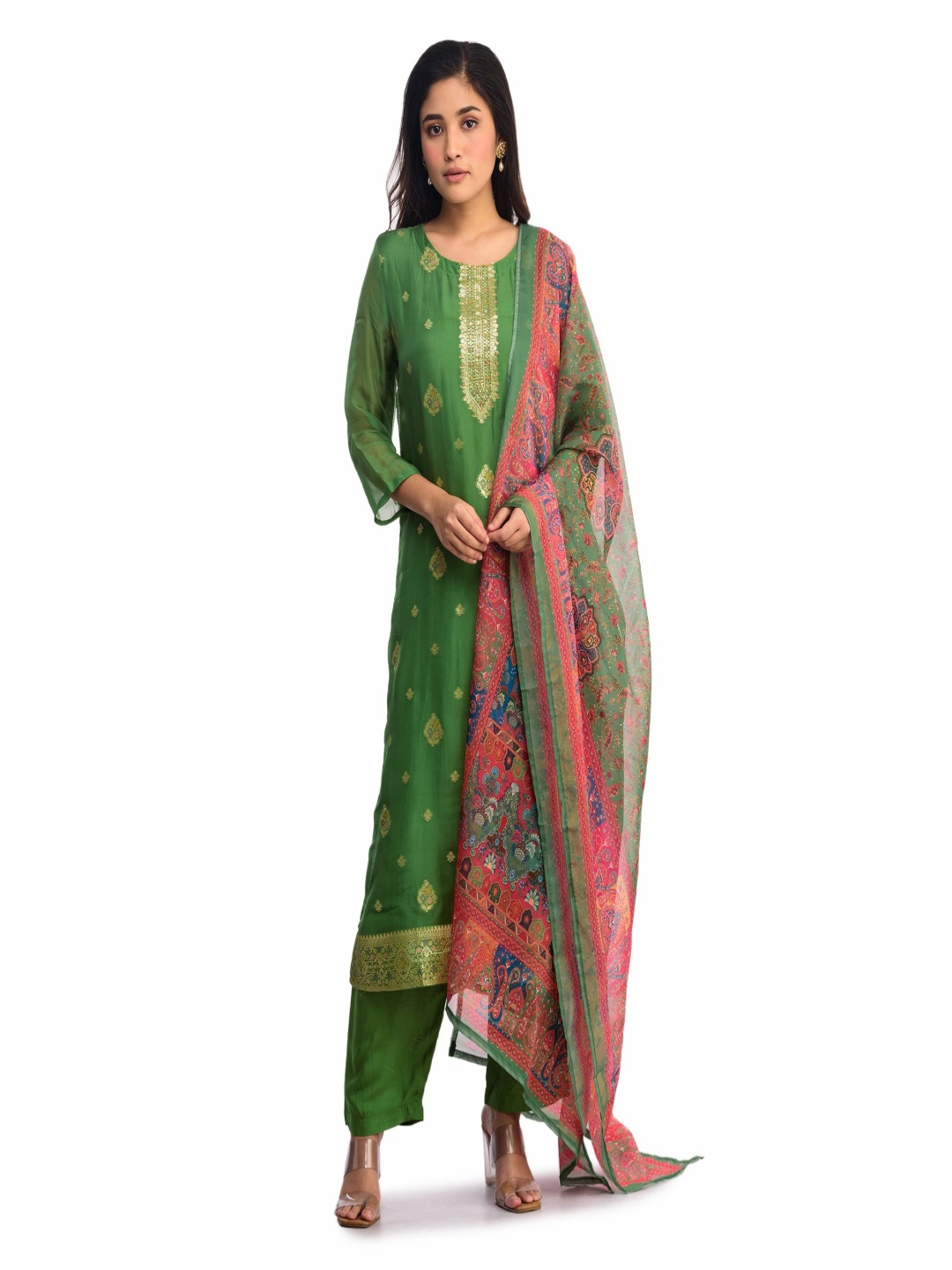 

ISHKIYA Floral Woven Design Kurta With Trouser And Dupatta, Green
