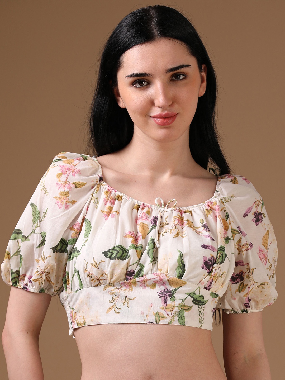 

Hassu's Women Floral Printed Puff Sleeves Crop Top, Off white