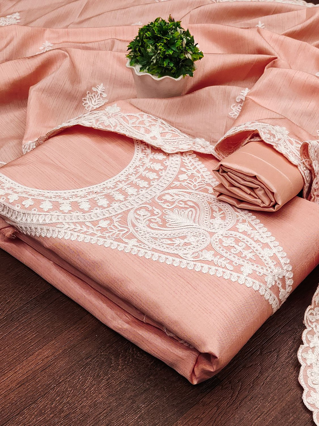 

Leeza Store Ethnic Motifs Embroidered Thread Work Unstitched Dress Material, Orange
