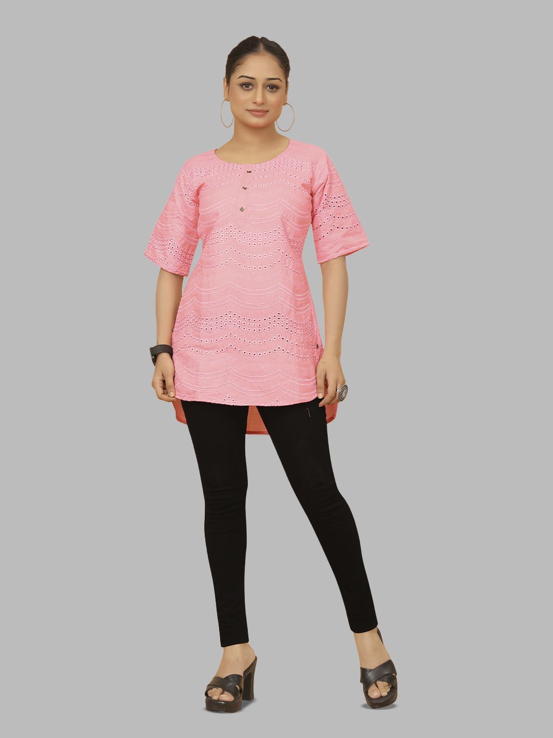 

Krimmple Women Embroidered Cotton A-Line Top, Pink