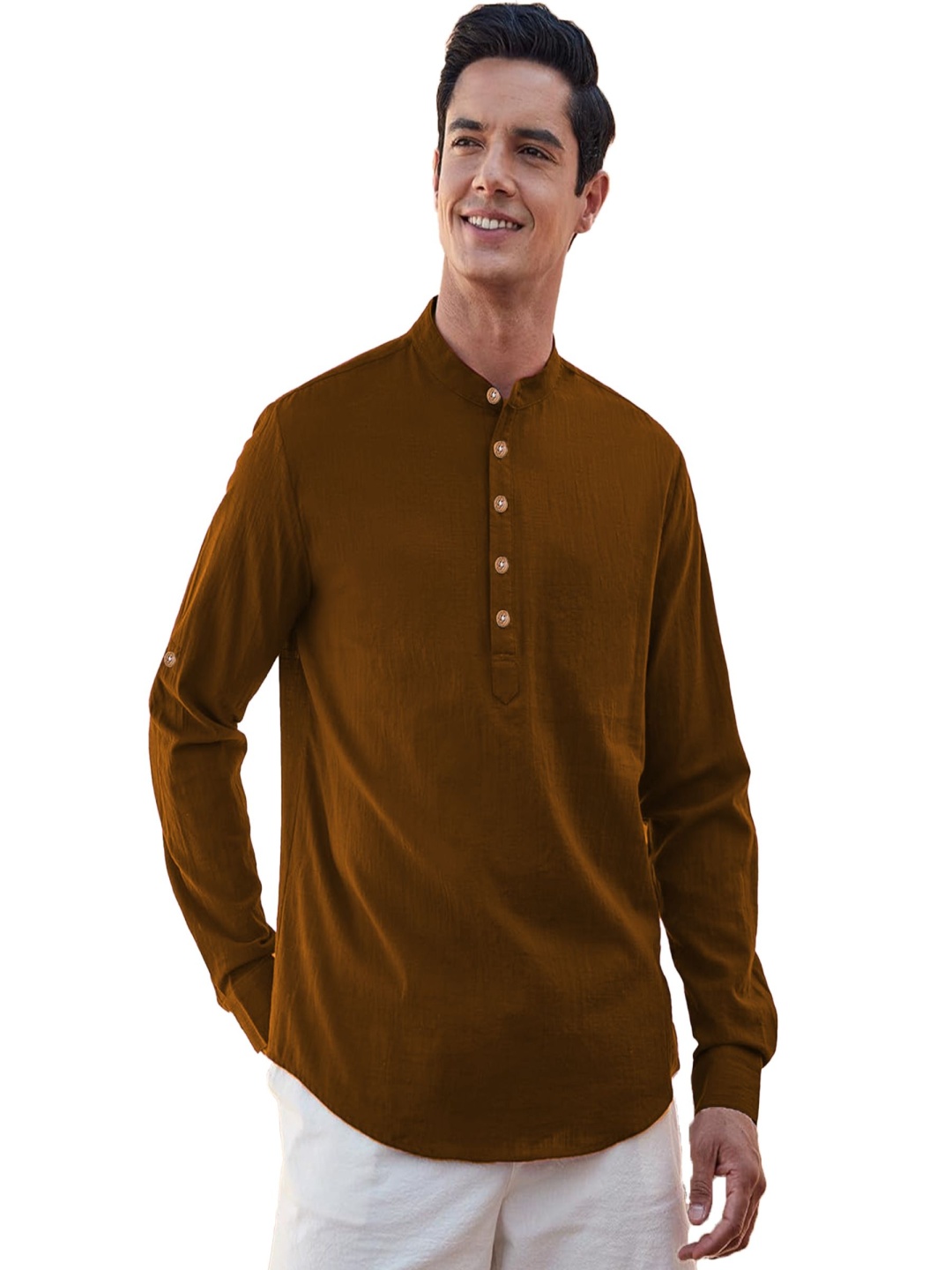 

EdinWolf Band Collar Cotton Short Kurta, Brown