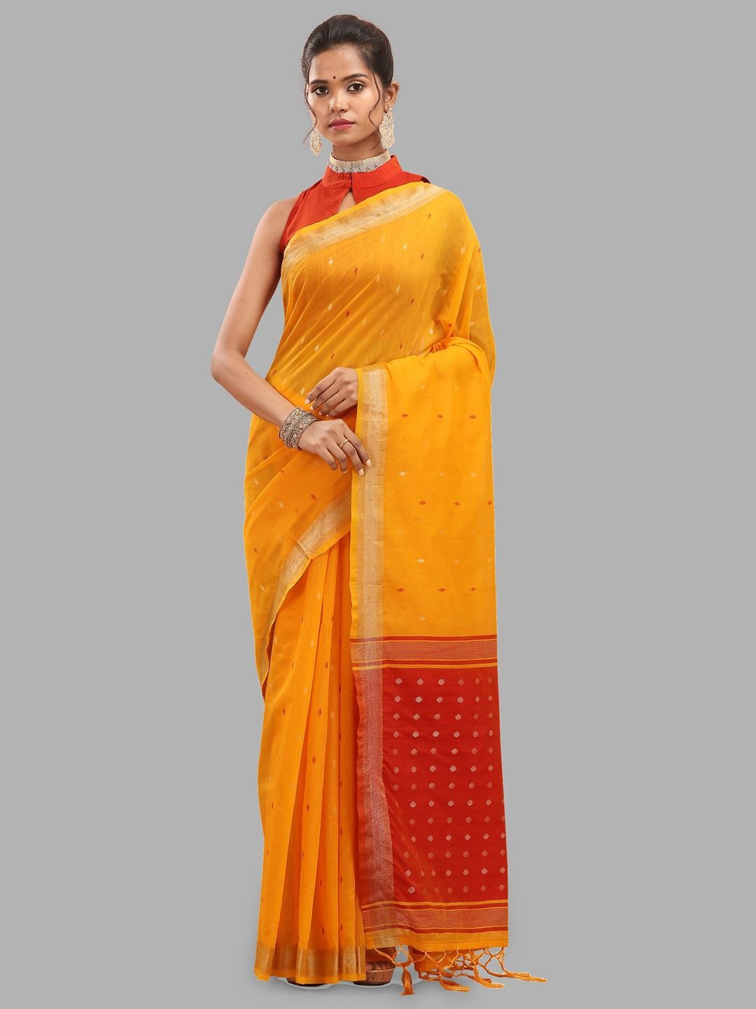 

Krimmple Ethnic Motifs Zari Silk Cotton Banarasi Saree, Yellow