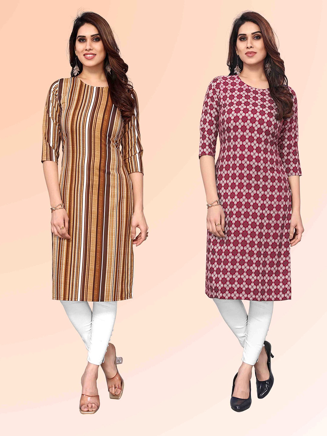 

KETAKI FASHION Selection of 2 Striped Round Neck Straight Kurtas, Beige