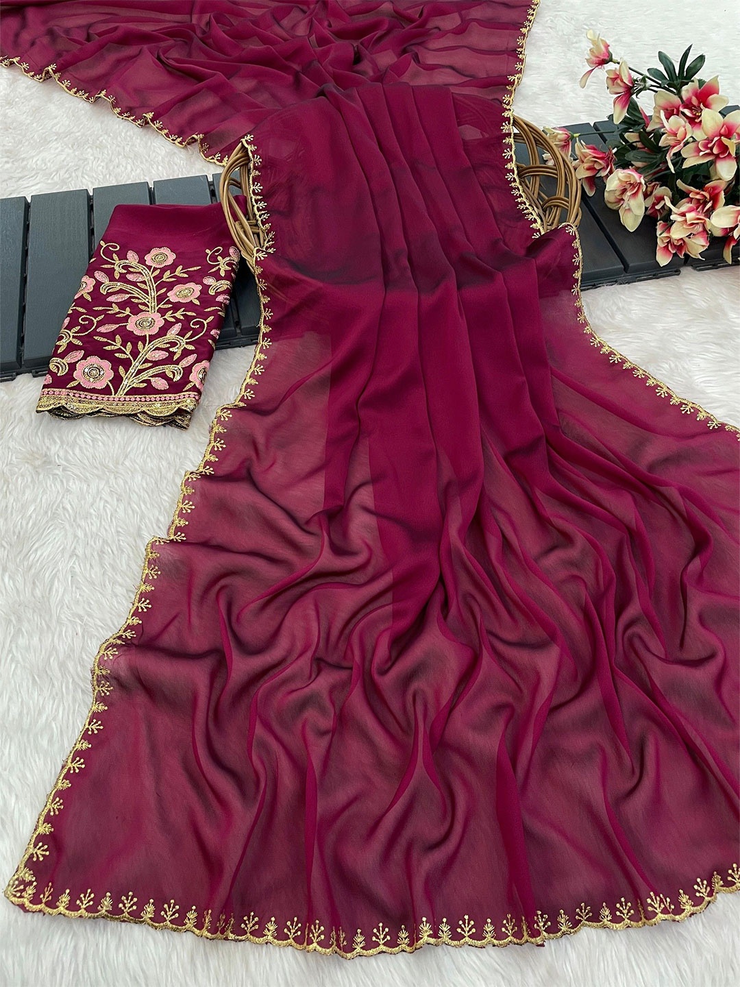 

K 5 Fashion Embroidered Pure Chiffon Saree, Magenta