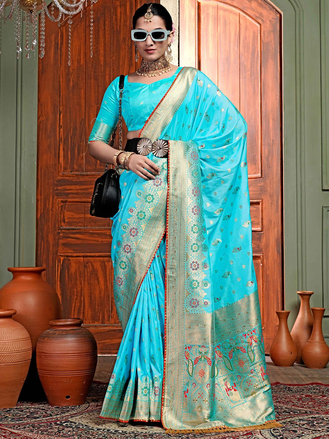 

Aagiri Woven Design Zari Pure Silk Banarasi Saree, Blue