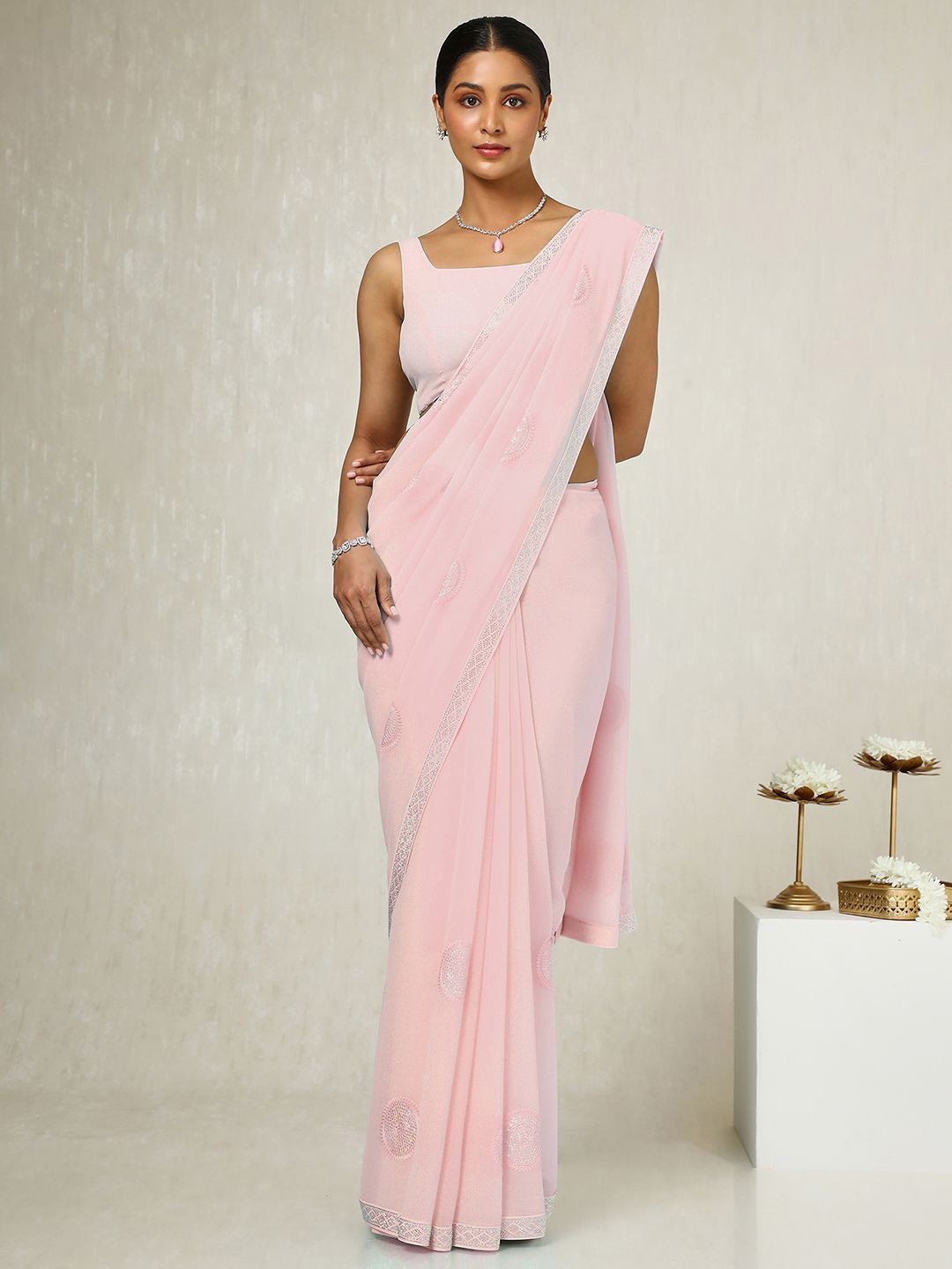 

Soch Embellished Beads and Stones Poly Georgette Saree, Pink