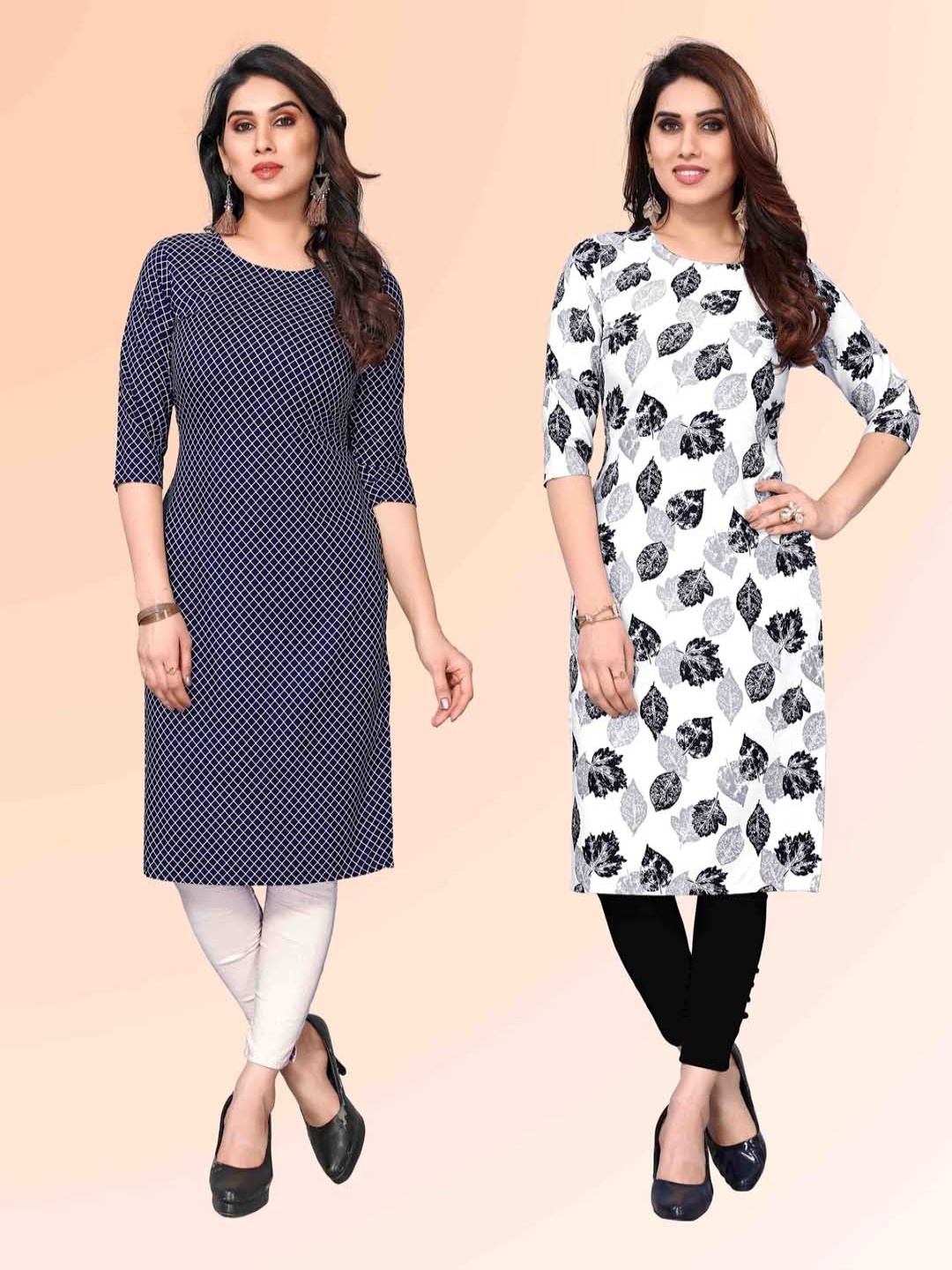 

KETAKI FASHION Selection Of 2 Checked Round Neck Straight Kurtas, Navy blue