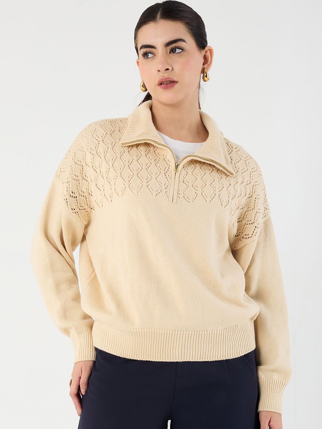 

FEMMELLA Women Half Zipper Open Knit Pullover, Beige