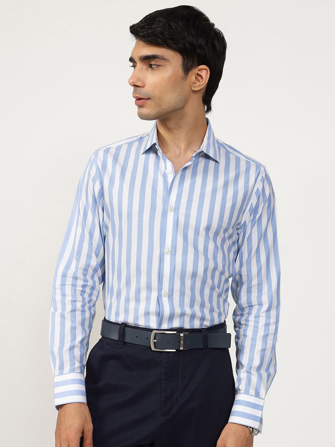 

Andamen Semi Casual Men Cotton Dobby Stripe Slim Fit Shirt, Blue