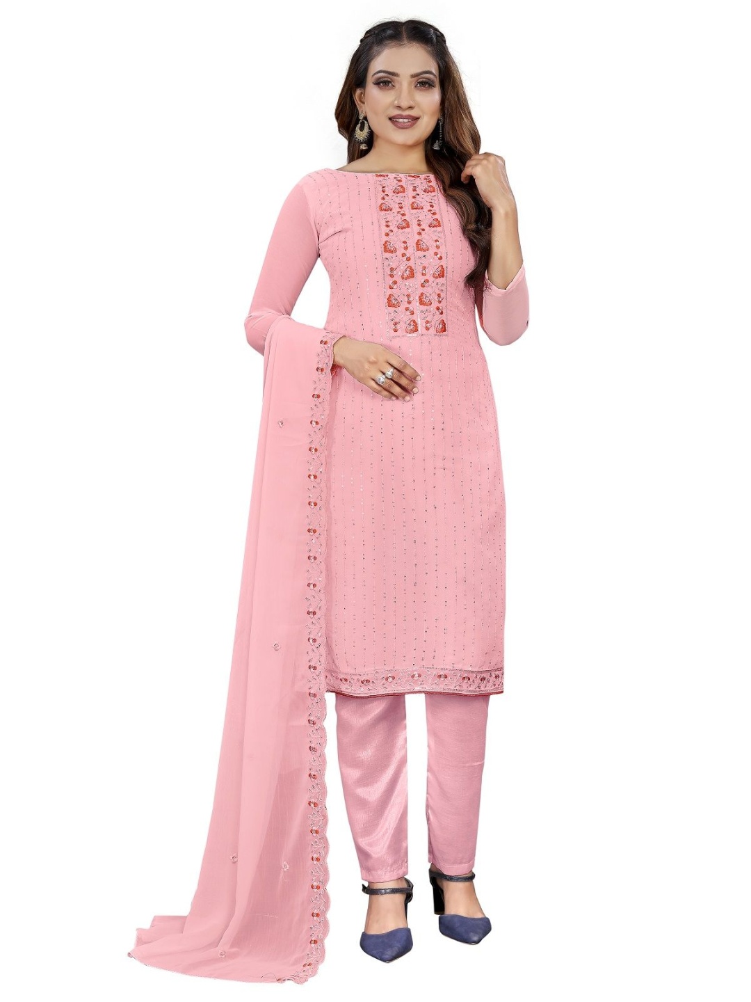 

A TO Z CART Embellished Unstitched Dress Material, Peach