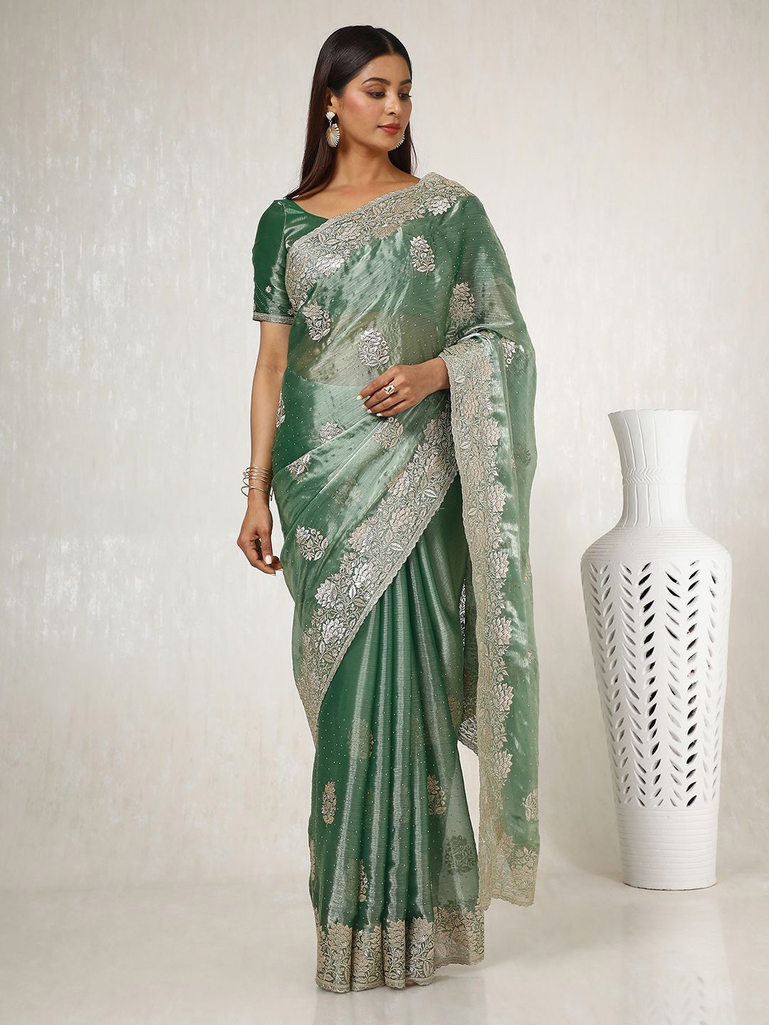 

Soch Ethnic Motifs Beads and Stones Organza Saree, Green