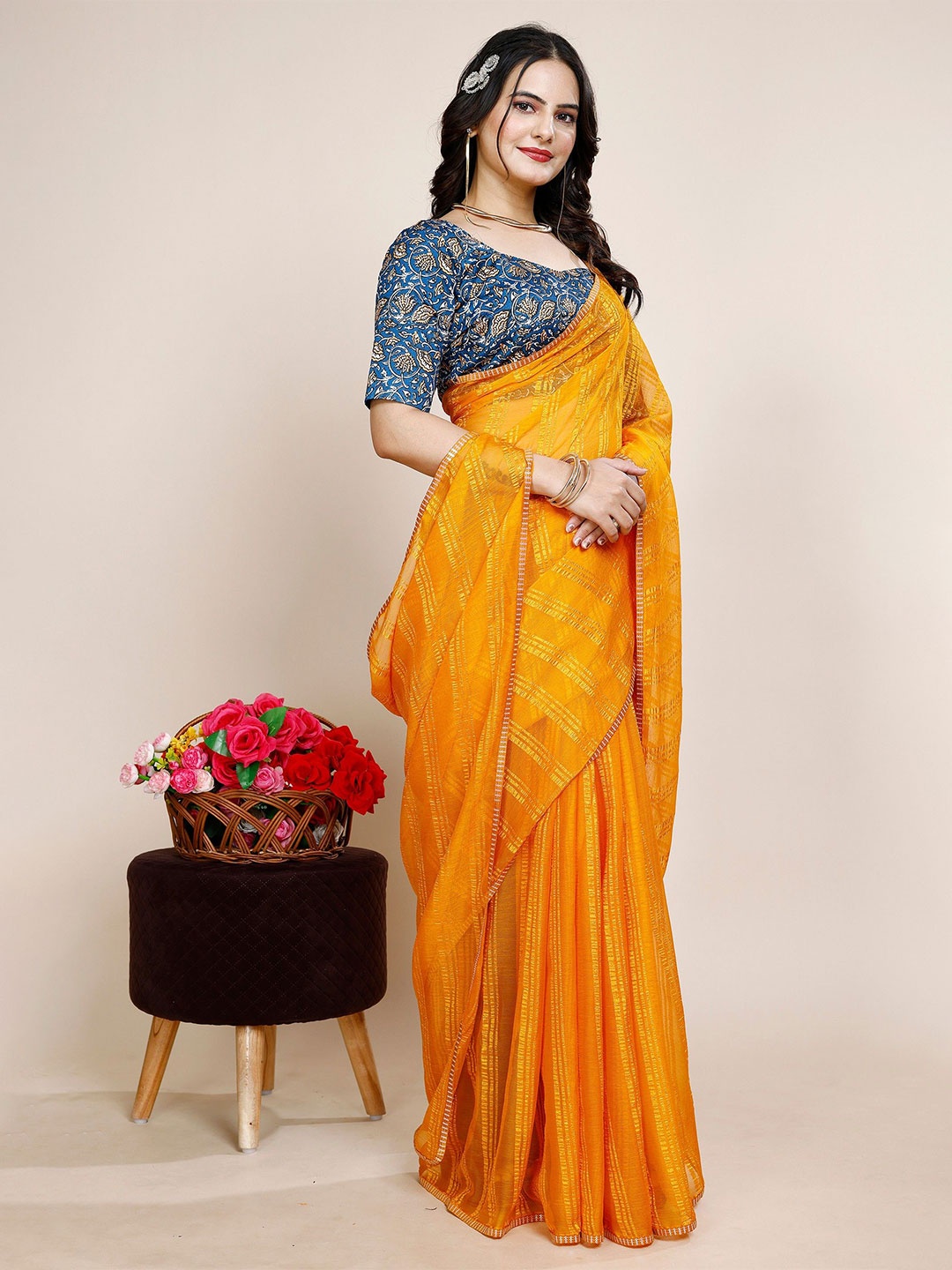 

K 5 Fashion Striped Embroidered Pure Chiffon Saree, Mustard