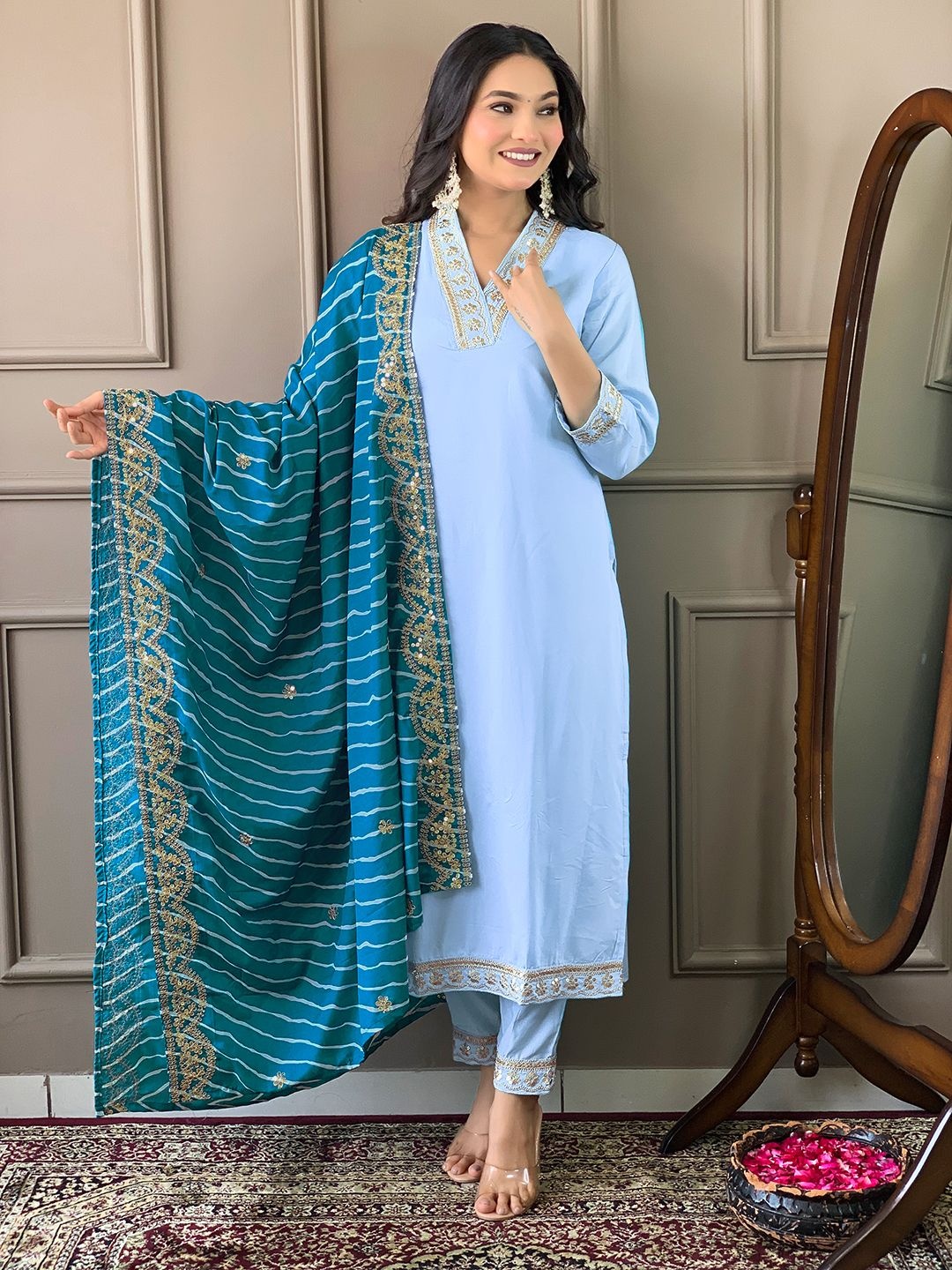 

KALINI Women Ethnic Motifs Embroidered Regular Kurta with Trousers & With Dupatta, Turquoise blue