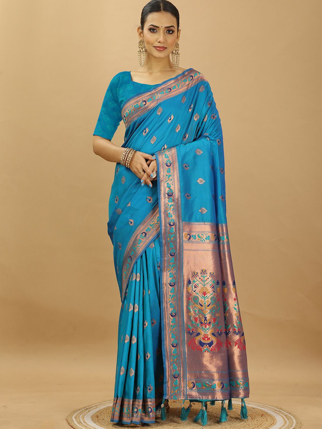 

SWAMI STUDIO Woven Design Zari Pure Silk Paithani Saree, Blue