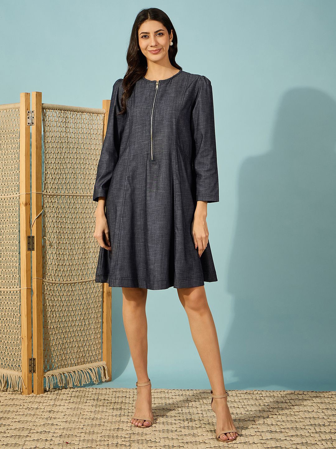 

The Kaftan Company Denim Round Neck A-Line Dress, Black