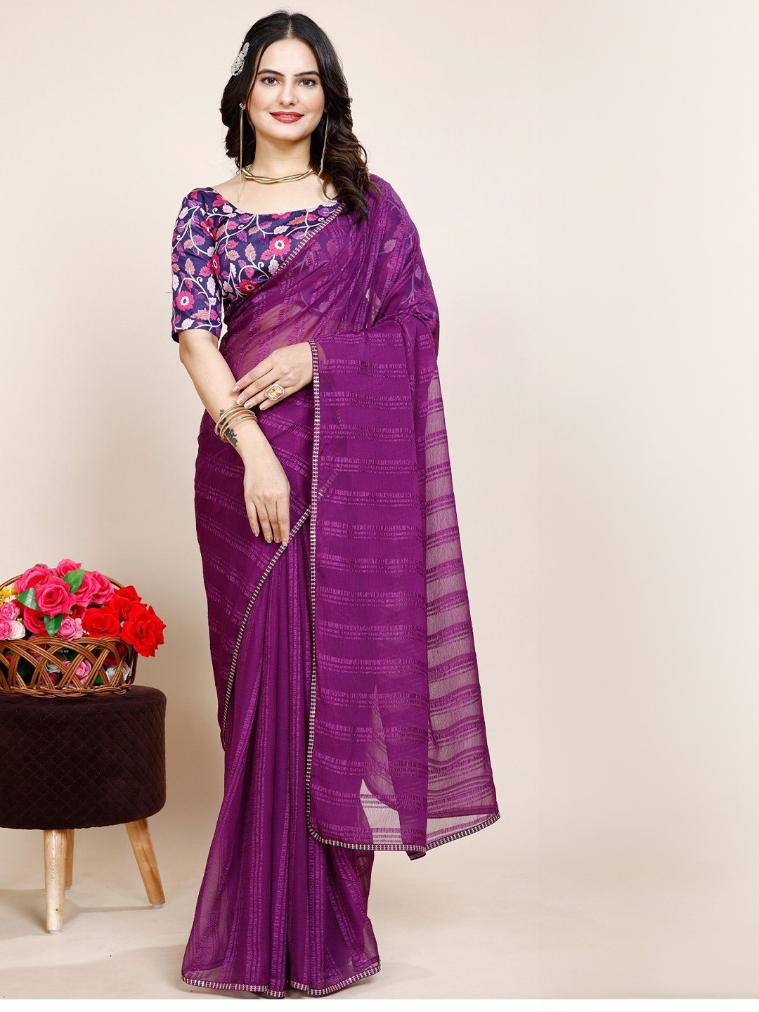 

K 5 Fashion Striped Sequinned Pure Chiffon Saree, Purple