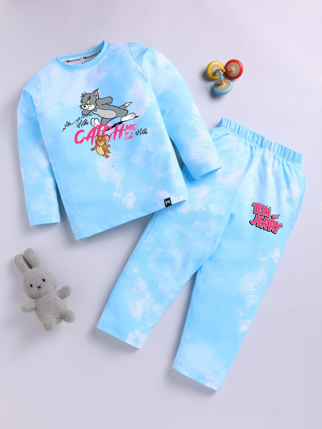 

YK X Minute Mirth Girls Tom & Jerry Printed Pure Cotton T-shirt with Pyjamas, Blue