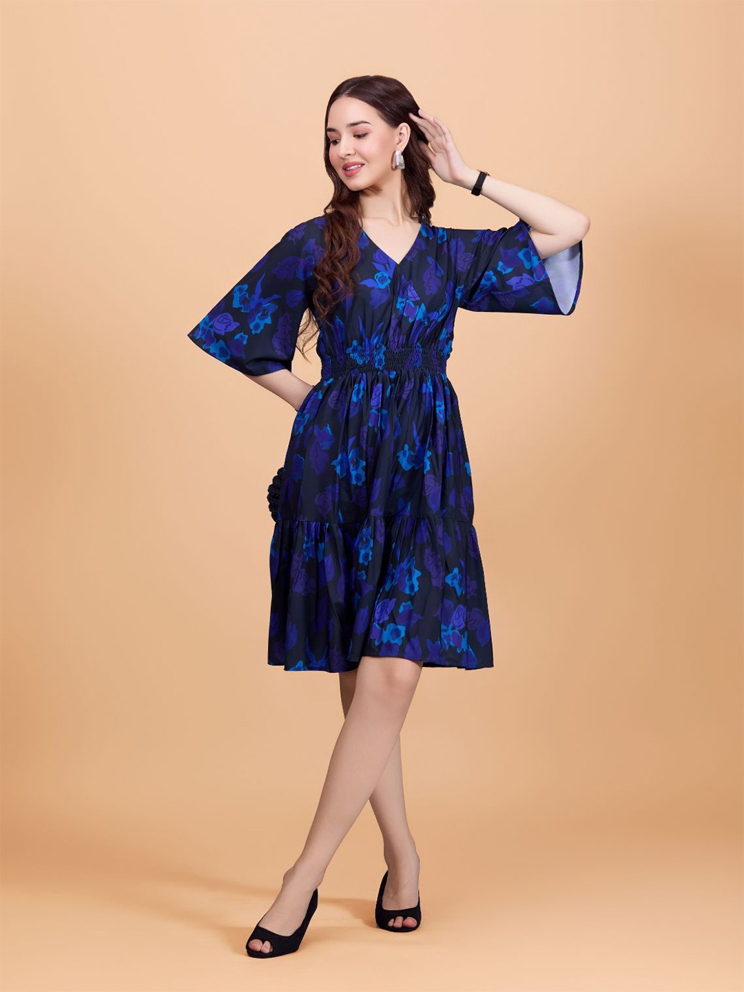 

DressBerry Floral Print Kimono Sleeve Crepe Fit & Flare Dress, Blue