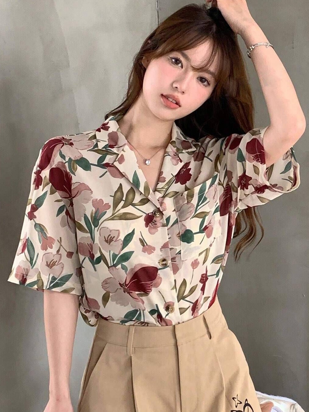 

Mast & Harbour Women Cuban Collar Floral Printed Casual Shirt, Beige