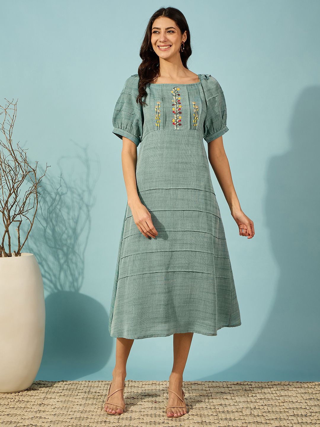

The Kaftan Company Women Floral Embroidered Fit & Flare Midi Dress, Green