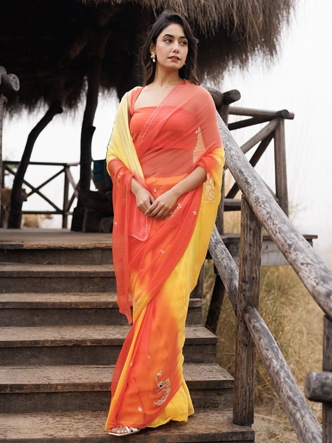 

Geroo Luxe Dyed Ombre Pure Chiffon Ready to Wear Saree, Orange