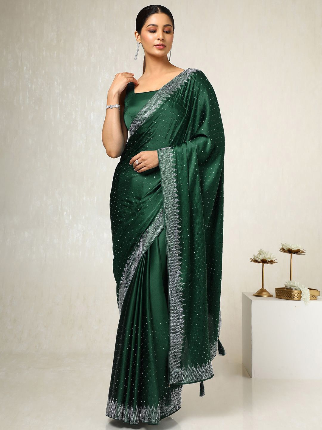 

Soch Embellished Beads and Stones Satin Saree, Green