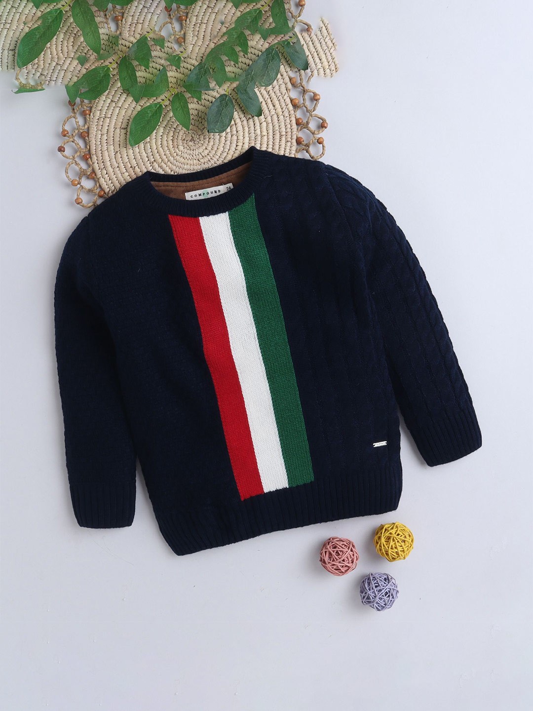 

Yellow Apple Boys Striped Woollen Pullover, Black