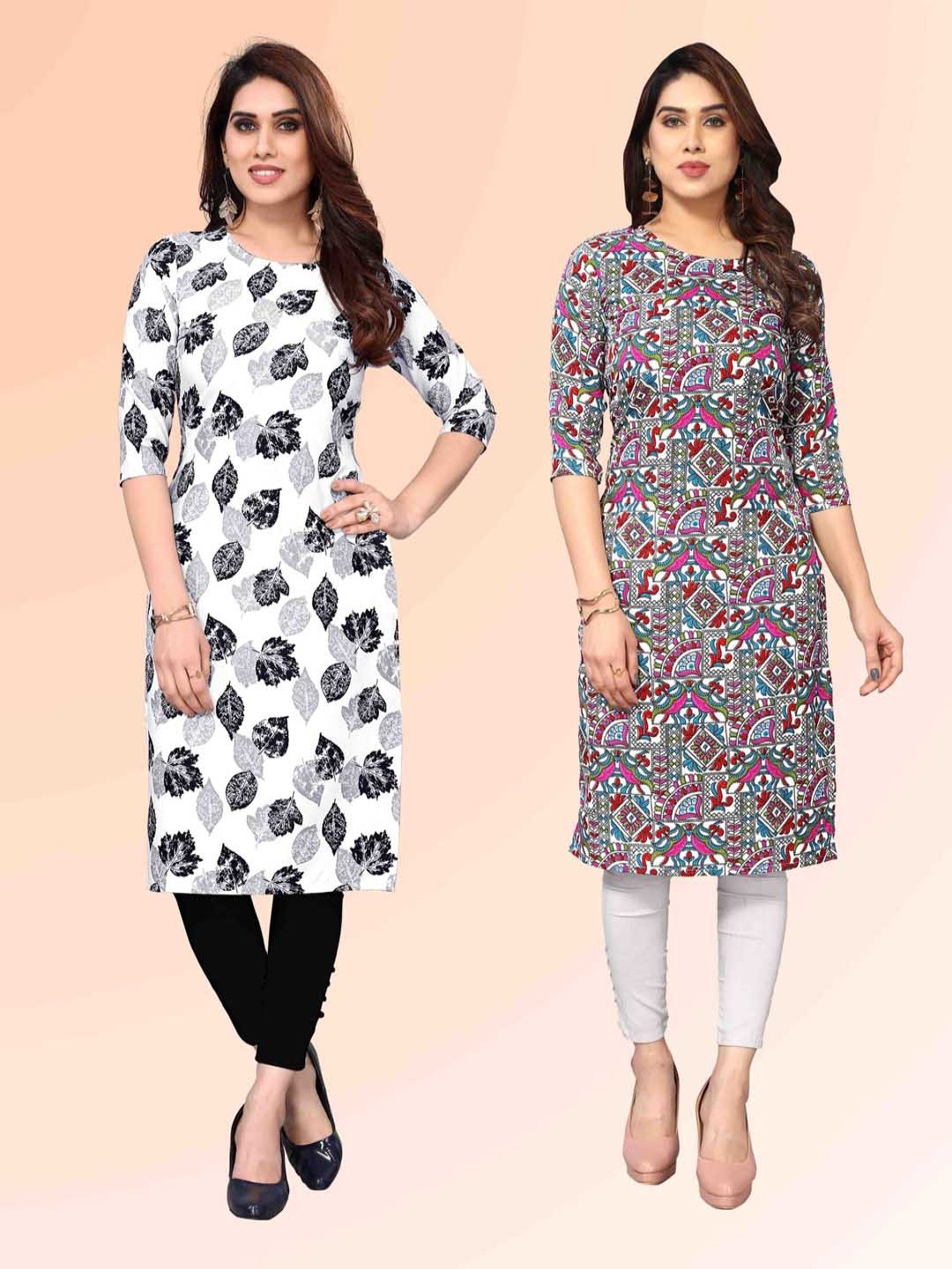 

KETAKI FASHION Selection Of 2 Floral Printed Round Neck Straight Kurtas, White