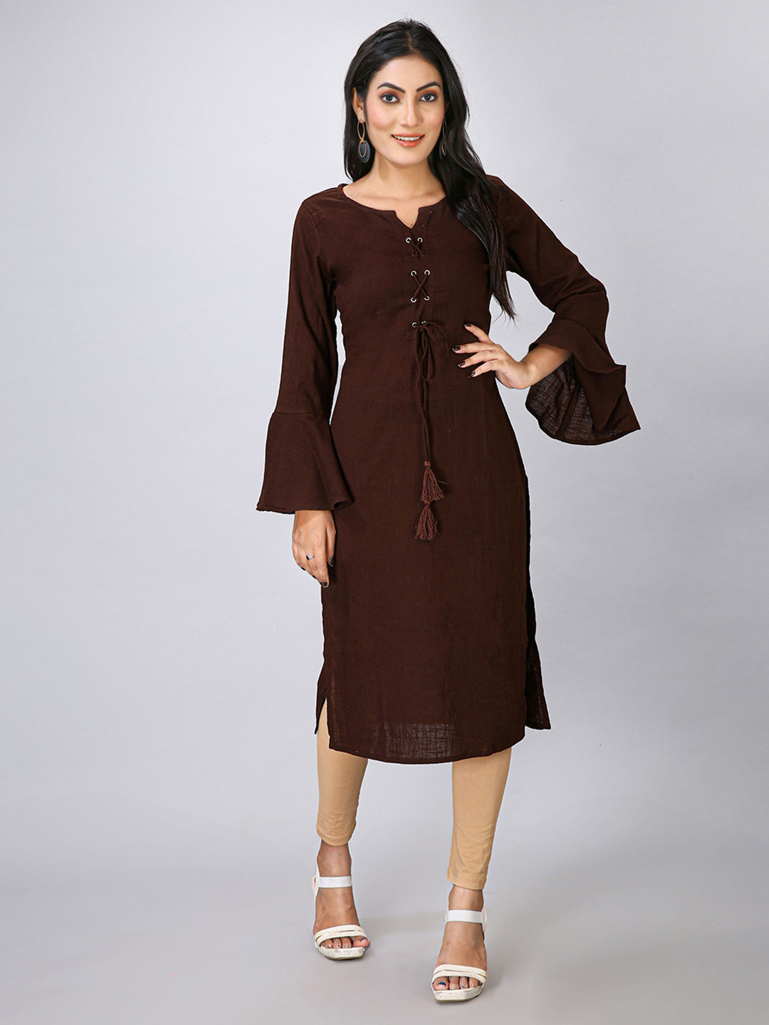 

Krimmple Women Bell Sleeves Tie-Up Detailing Straight Kurta, Coffee brown