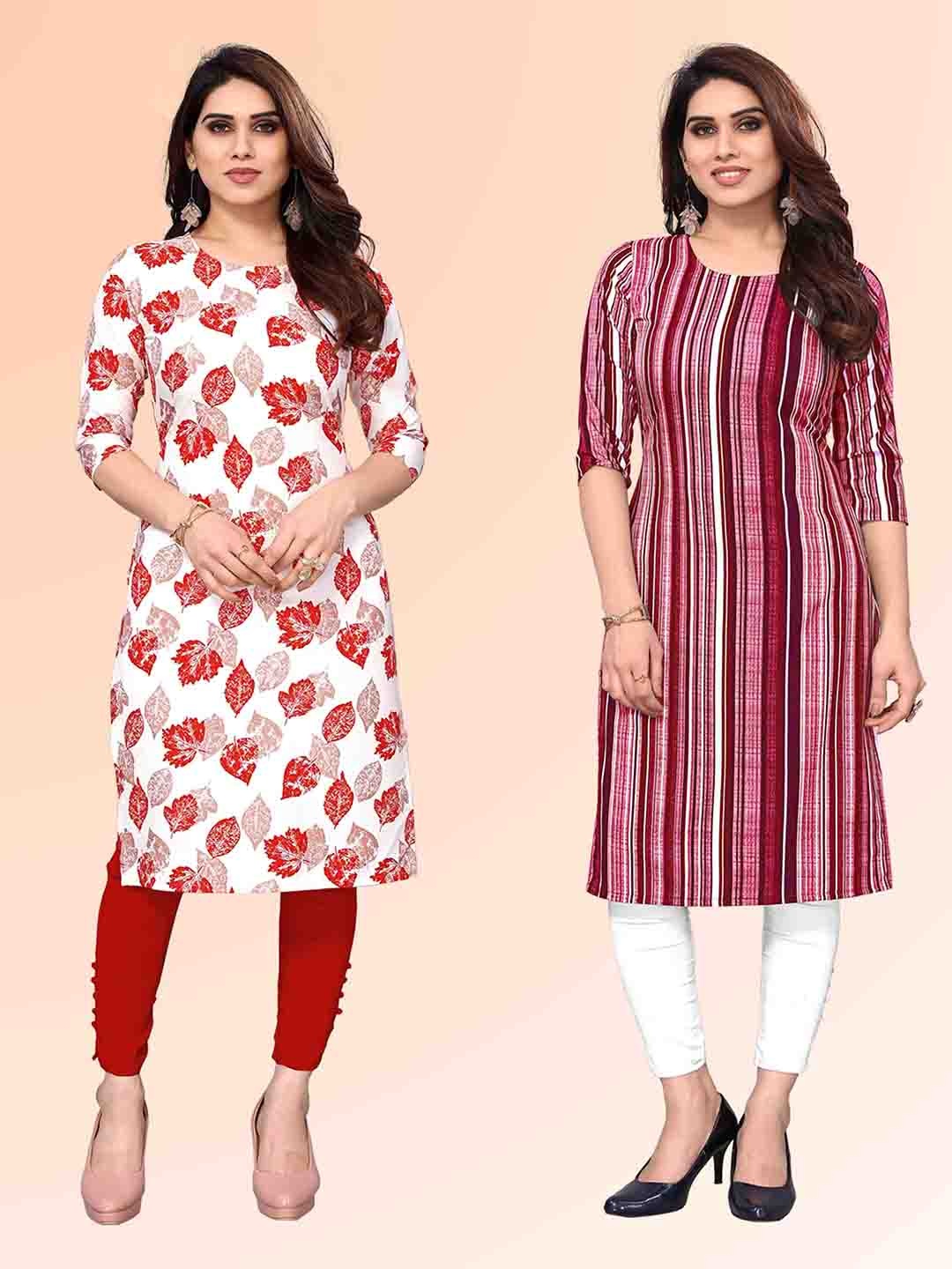 

KETAKI FASHION Selection Of 2 Floral Printed Round Neck Straight Kurtas, White