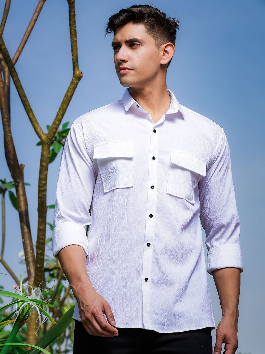 

WOXEN Men Original Spread Collar Textured Cotton Casual Shirt, White