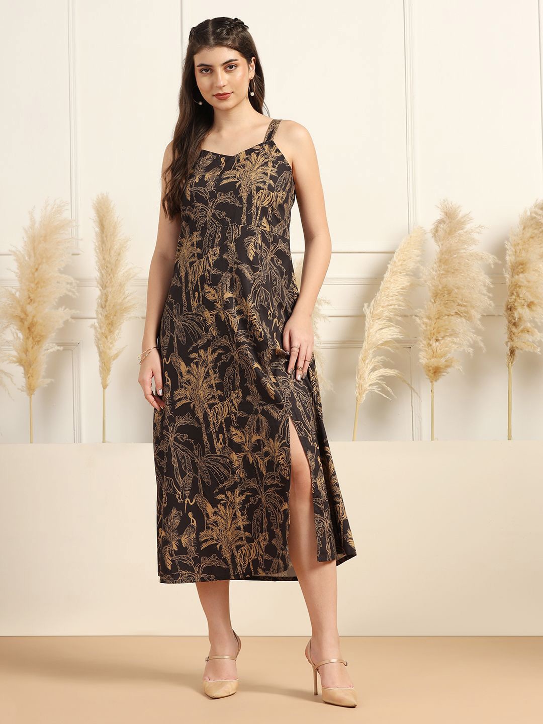 

BAESD Women Tropical Printed A-Line Midi Dress, Black