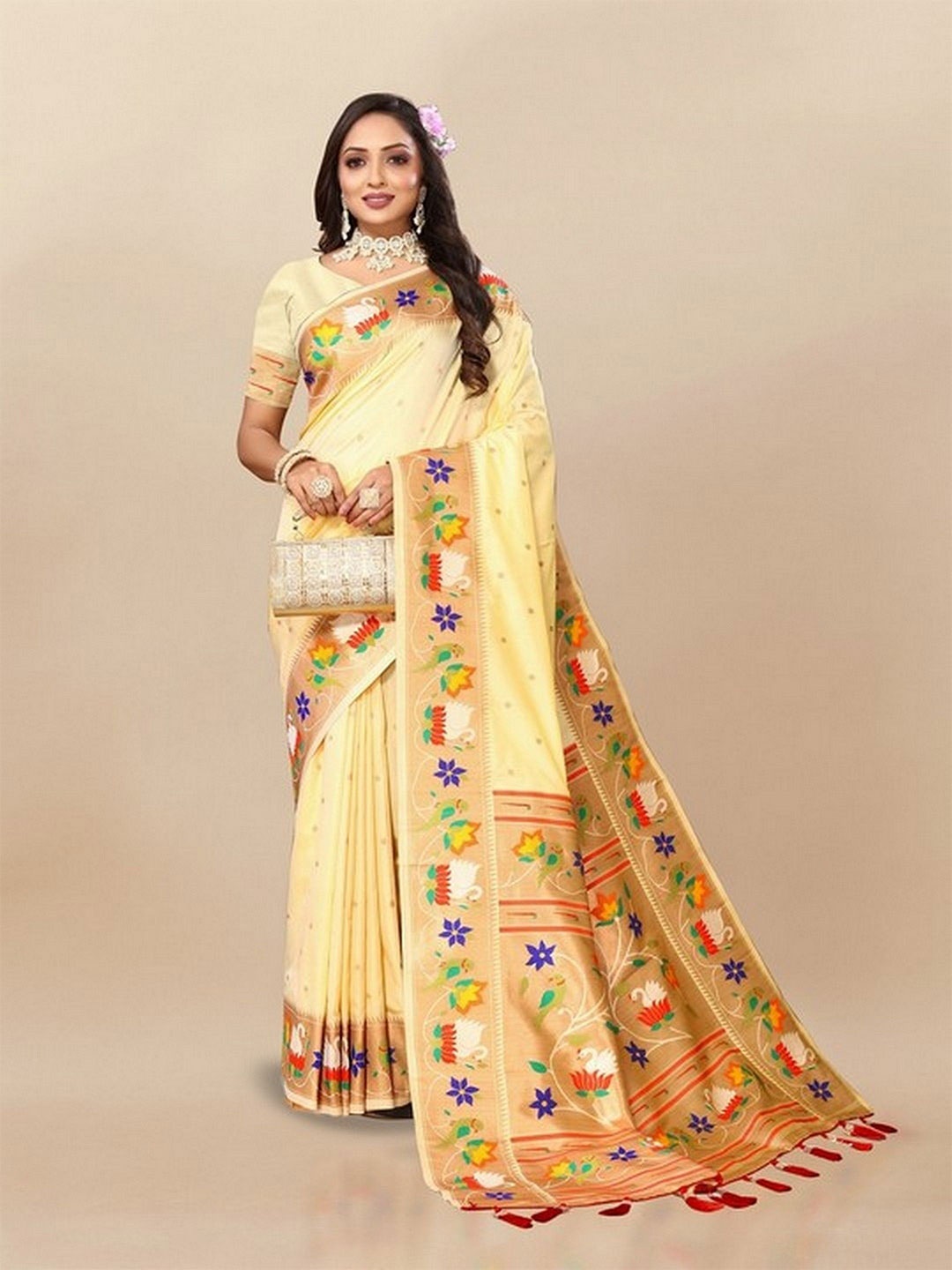 

VARNI FABRICS Woven Design Zari Pure Silk Paithani Saree, Yellow