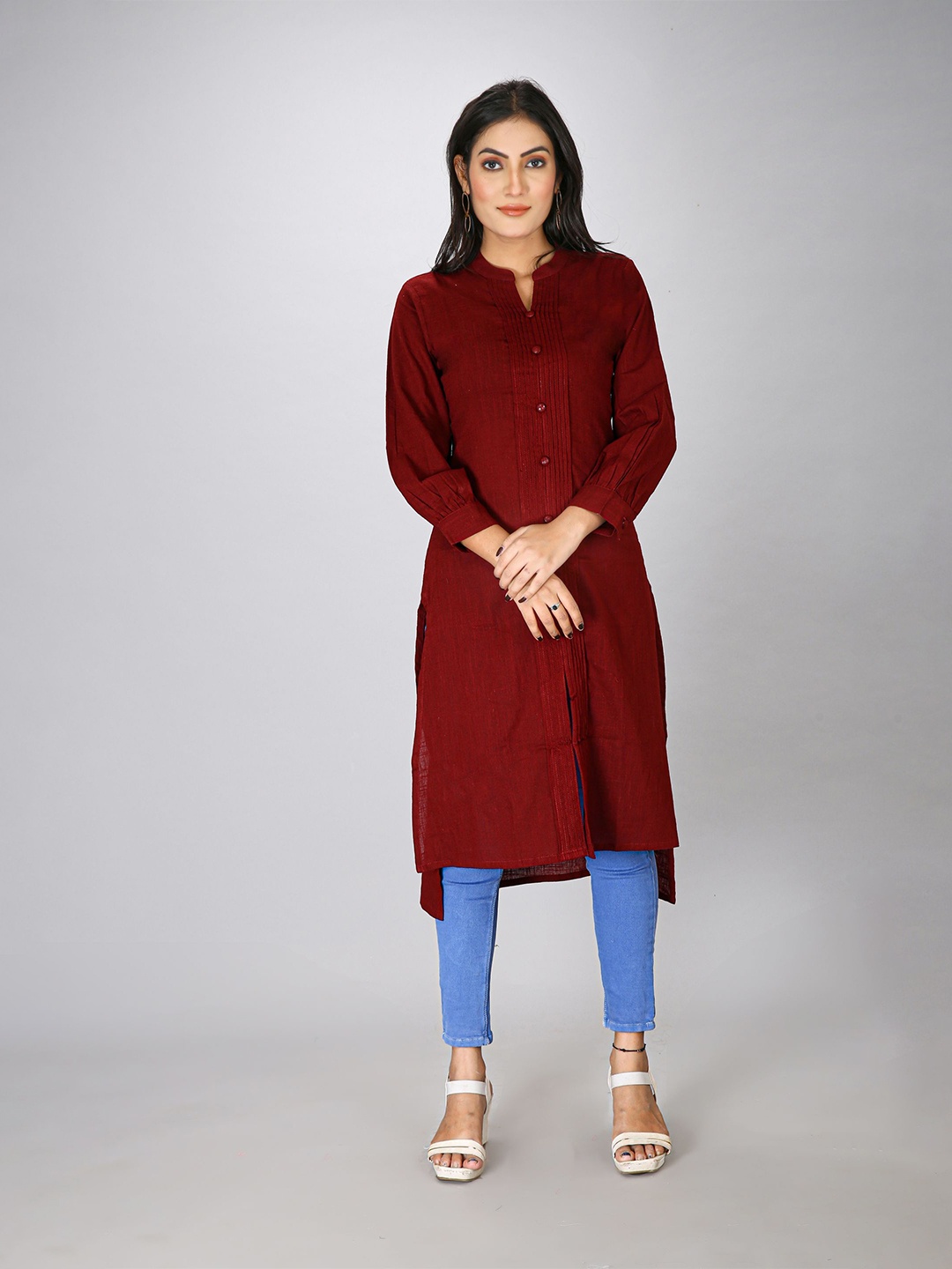 

Krimmple Women Mandarin Collar Kurta, Maroon