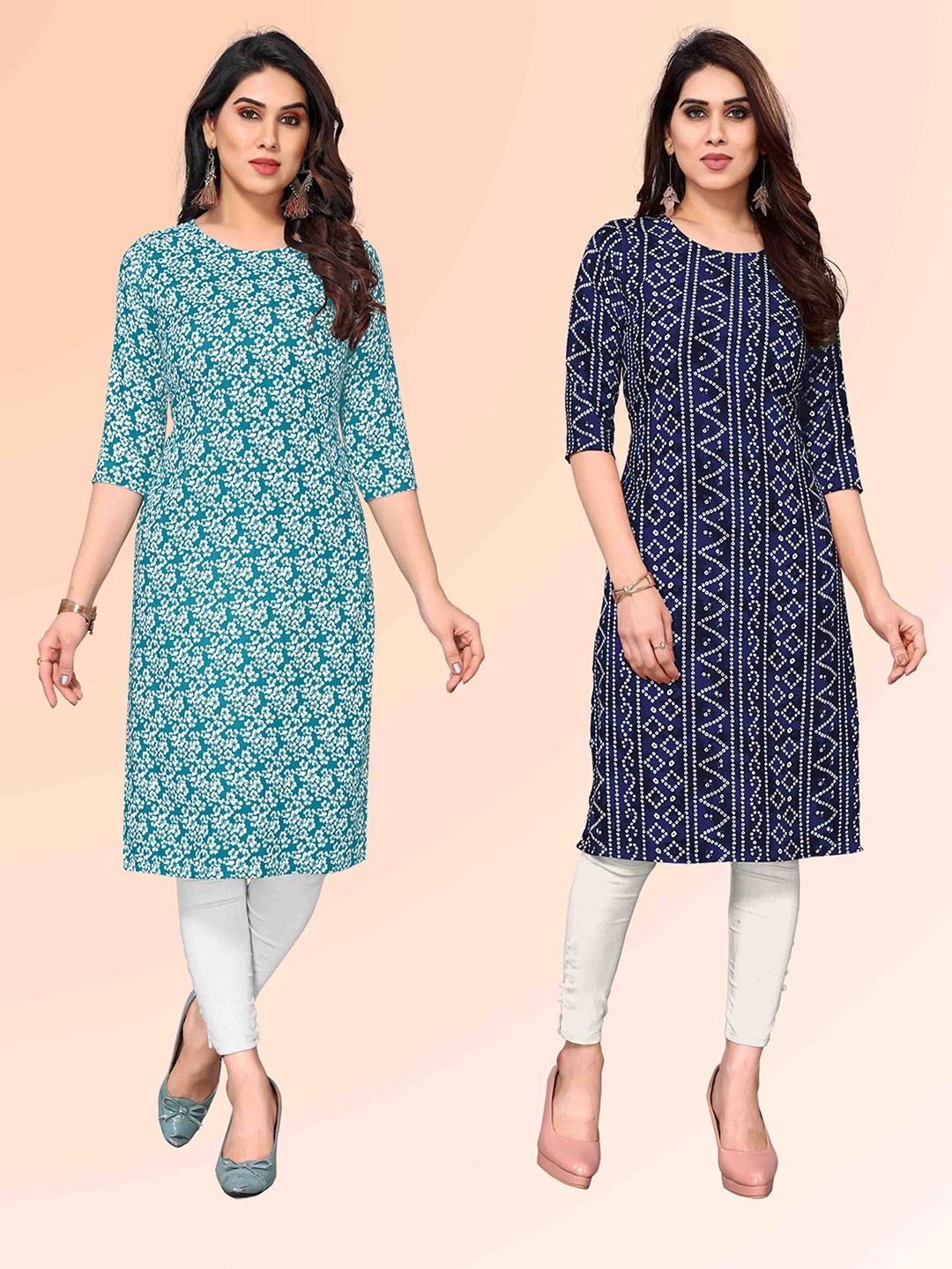 

KETAKI FASHION Selection Of 2 Floral Printed Round Neck Kurta, Blue