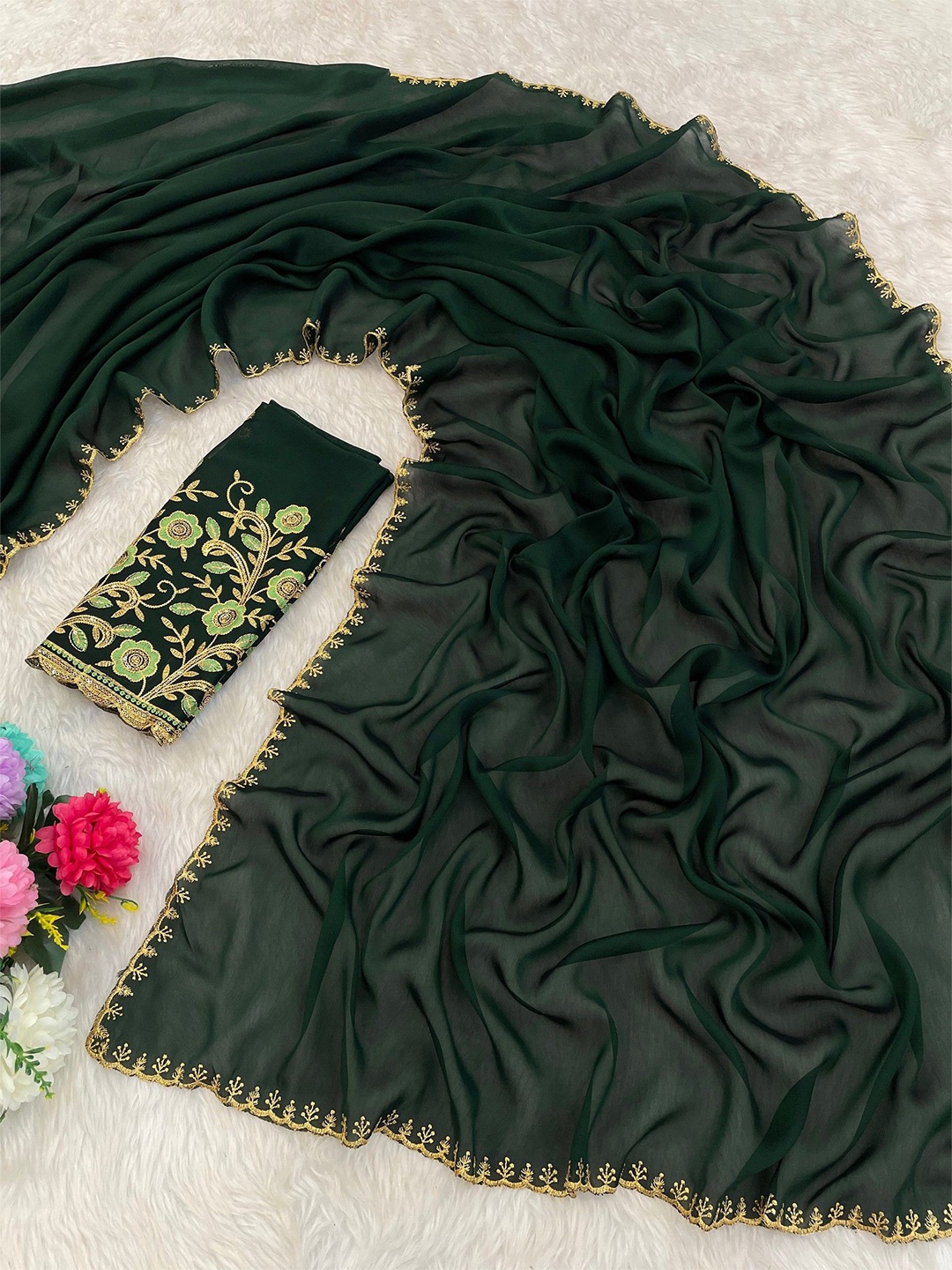

K 5 Fashion Embroidered Pure Chiffon Saree, Green