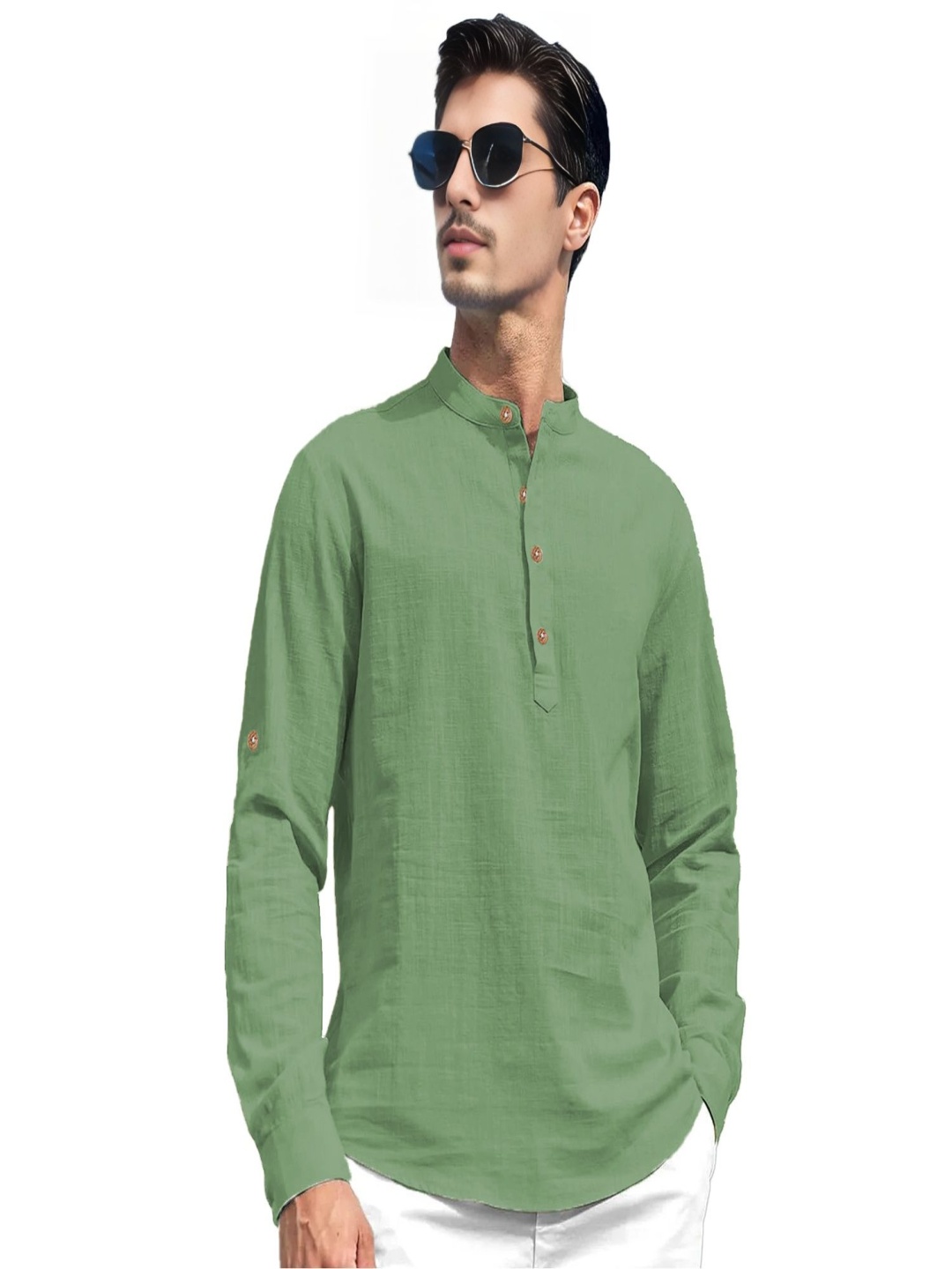 

EdinWolf Band Collar Roll-Up Sleeves Slim Fit Cotton Short Kurta, Green