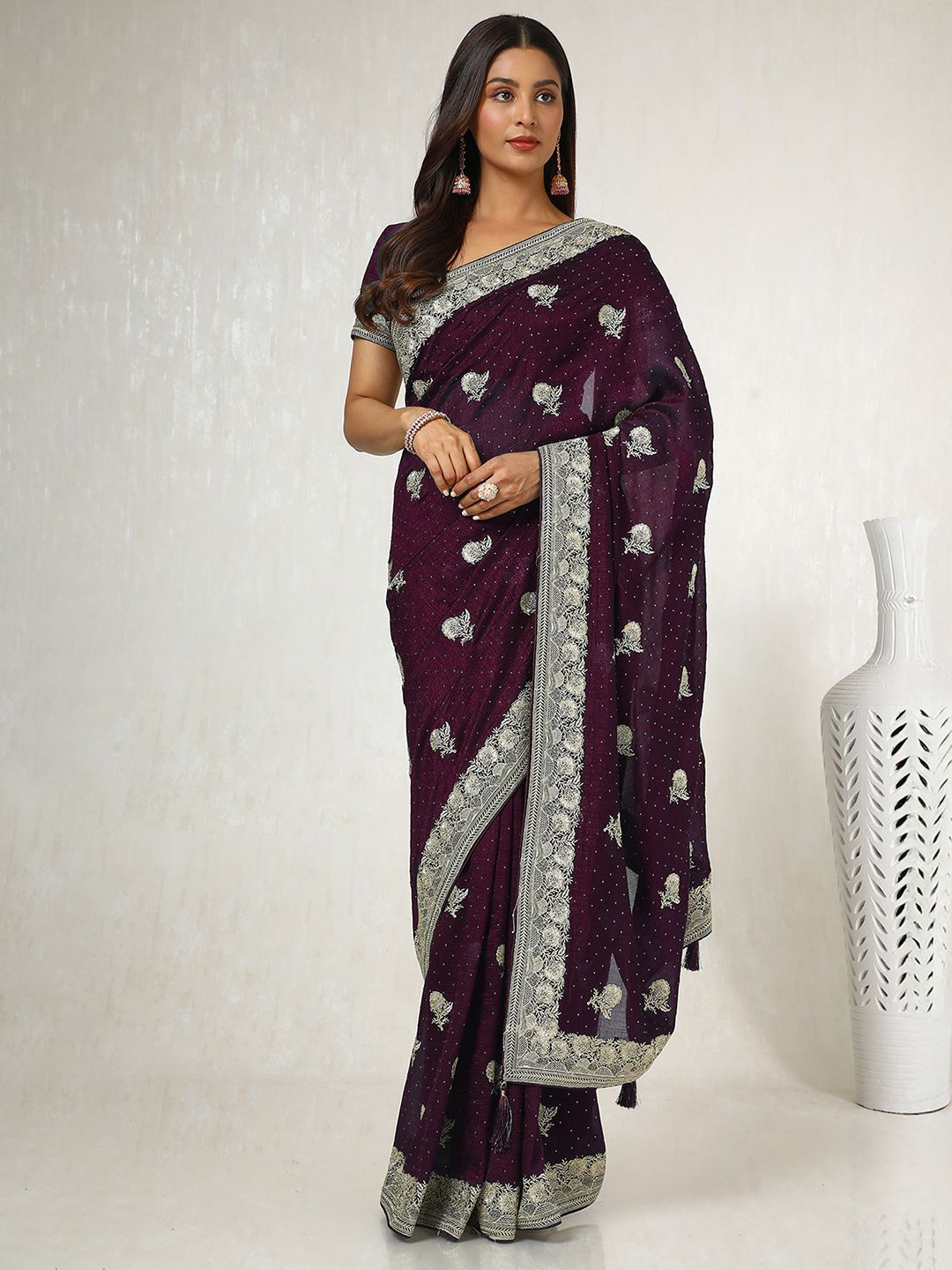 

Soch Ethnic Motifs Beads and Stones Silk Blend Tussar Saree, Purple