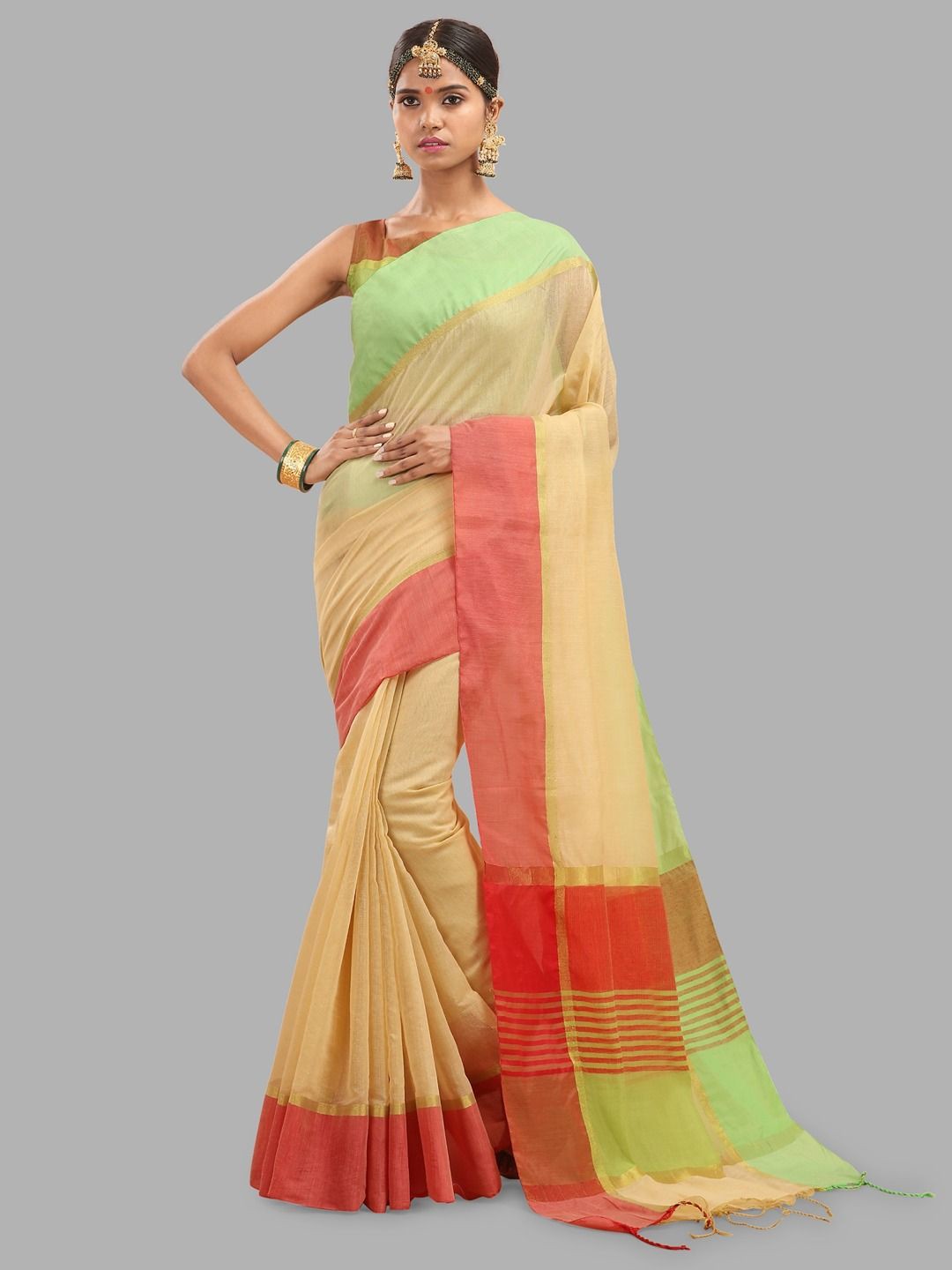 

Krimmple Woven Design Zari Silk Cotton Maheshwari Saree, Cream