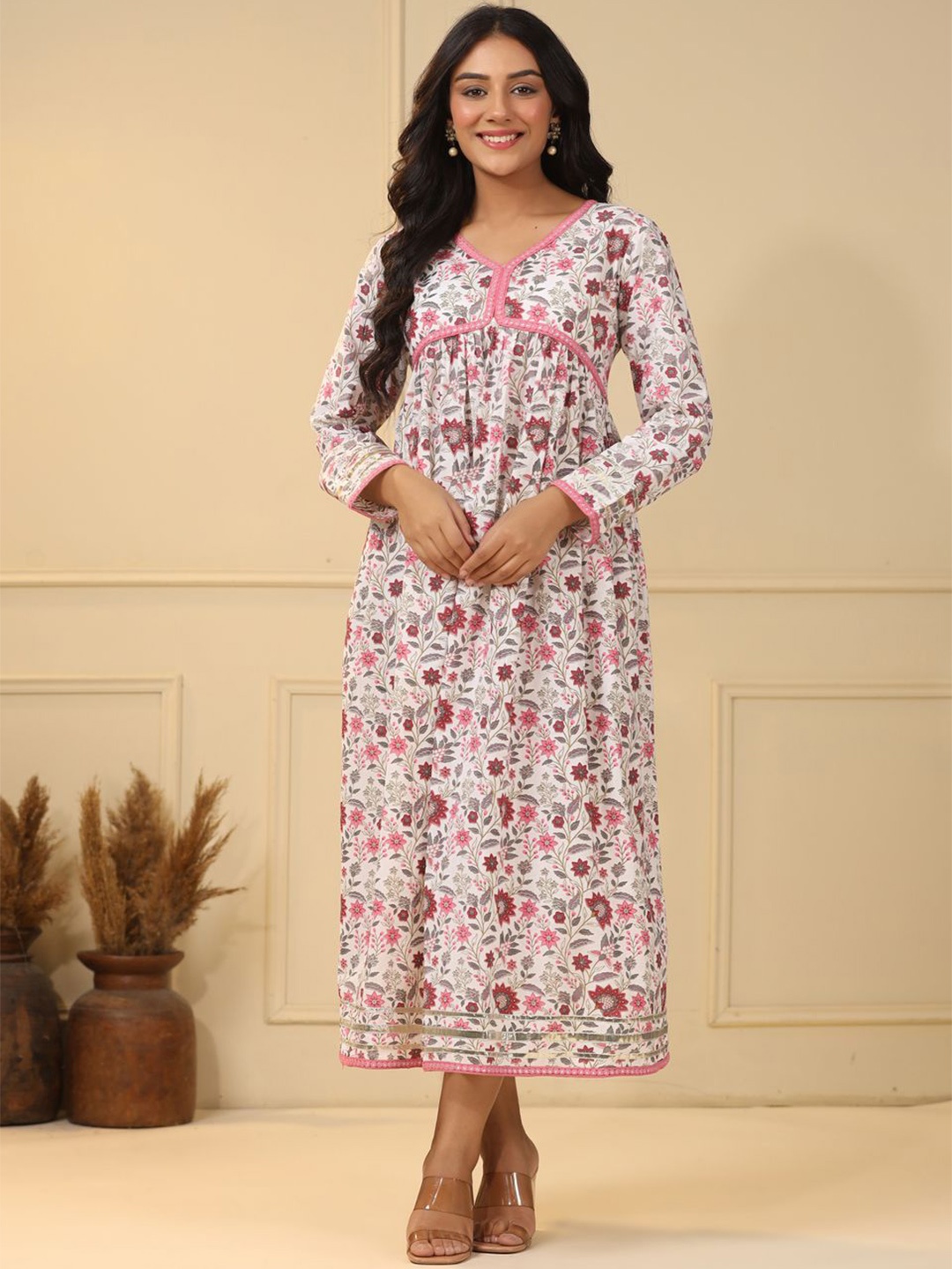 

MERAAKI FASHION Floral Print Fit & Flare Maxi Dress, White