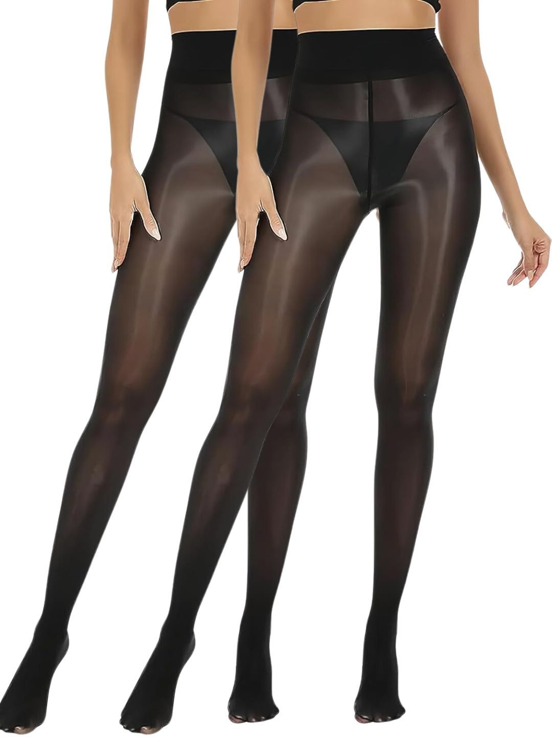 

CareDone Women Pack of 2 High Waist Glossy Seamless Sheer Tights, Black