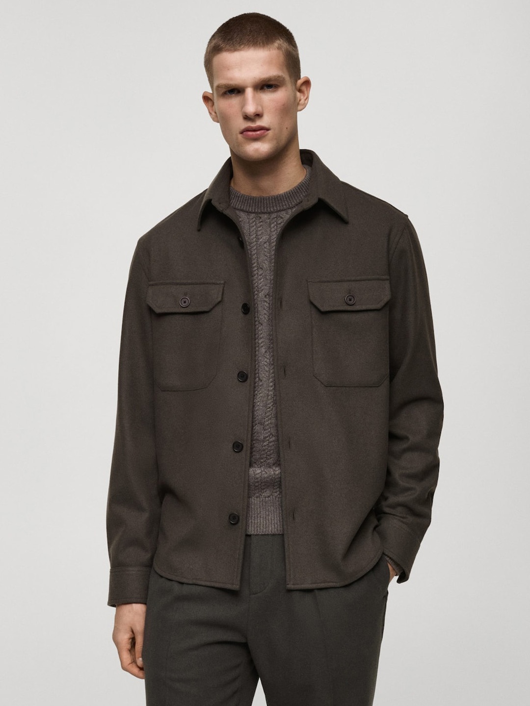 

MANGO MAN Regular Fit Flannel Weave Shacket, Olive