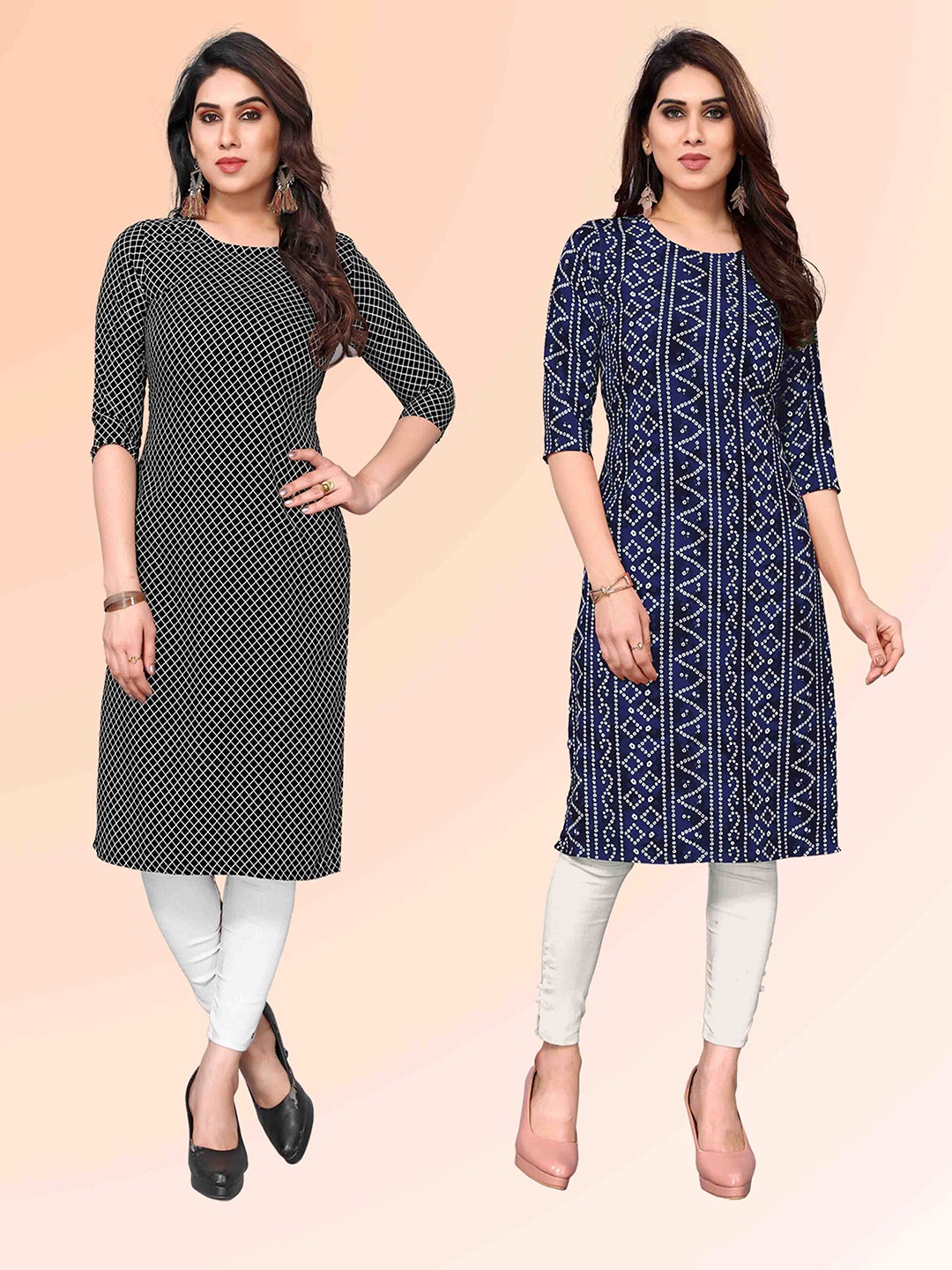 

KETAKI FASHION Selection Of 2 Checked Round Neck Straight Kurtas, Blue