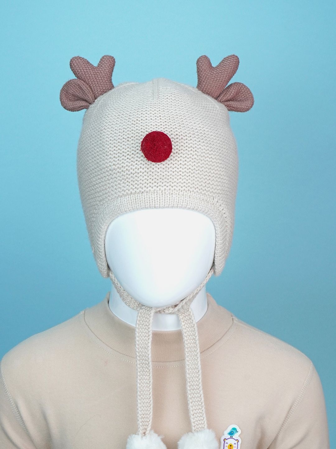 

Little Surprise Box LLP Kids Cream Baby Antler Knitted Soft Woolen Winter Cap