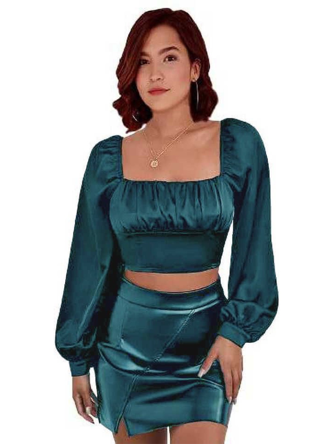 

CULPI Puff Sleeves Satin Crop Top, Green